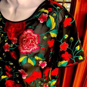 Anthropologie HD in Paris red rose lace embroidered top